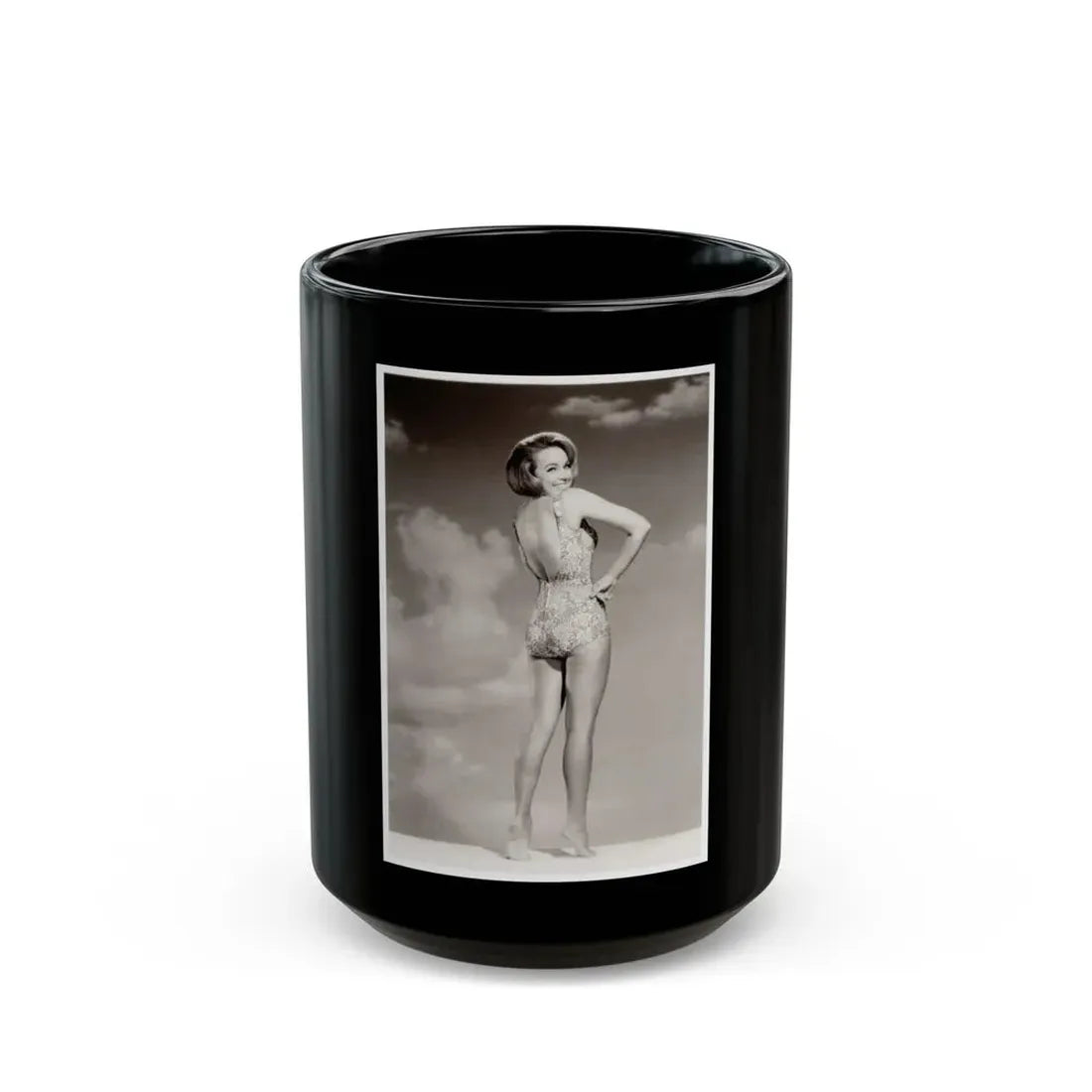 Terry Moore #43 - 1-Piece B&W Barefoot Swimsuit Cheesecake Photo from 60's (Vintage Female Icon) Black Coffee Mug 15oz - Go Mug Yourself