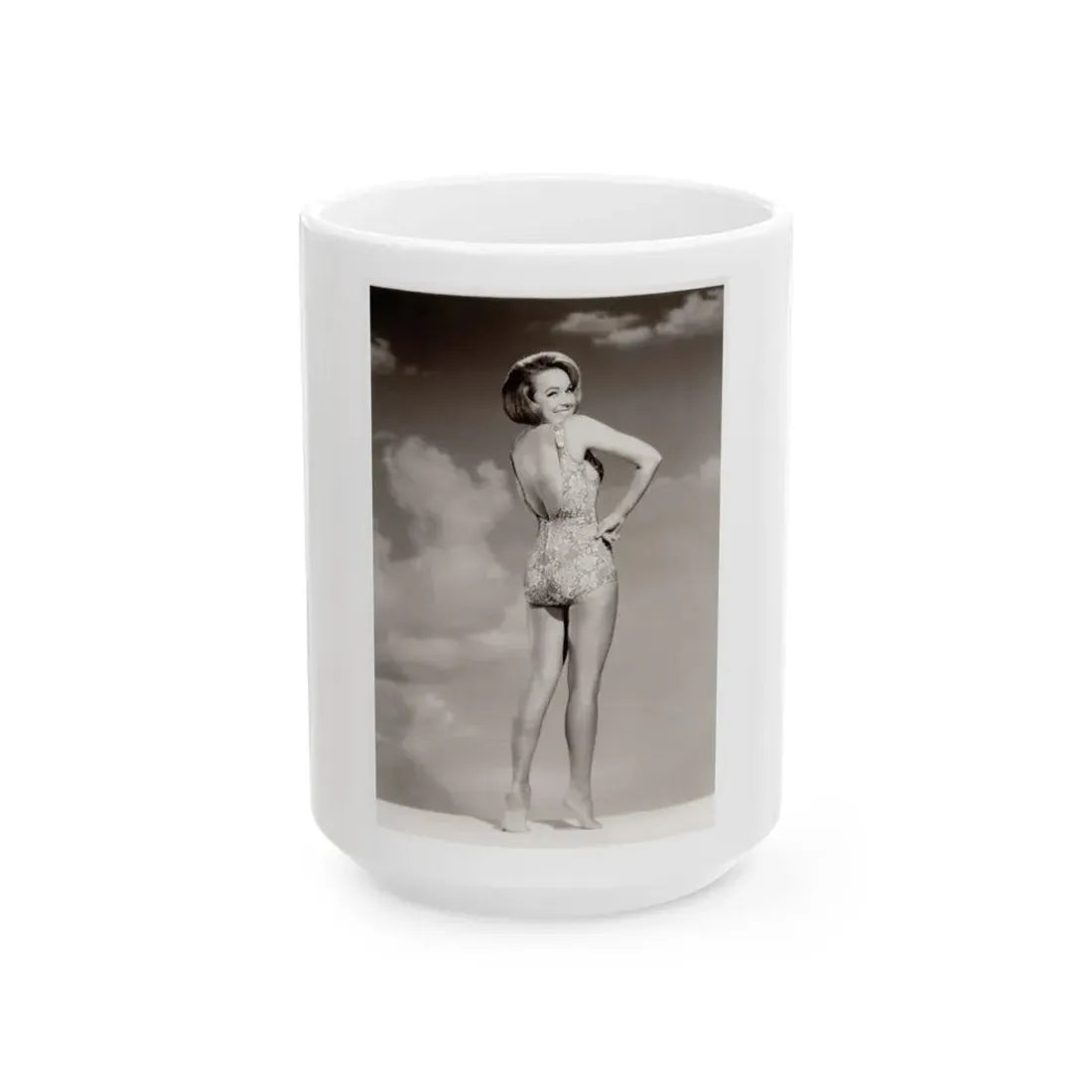 Terry Moore #43 - 1-Piece B&W Barefoot Swimsuit Cheesecake Photo from 60's (Vintage Female Icon) White Coffee Mug 15oz - Go Mug Yourself