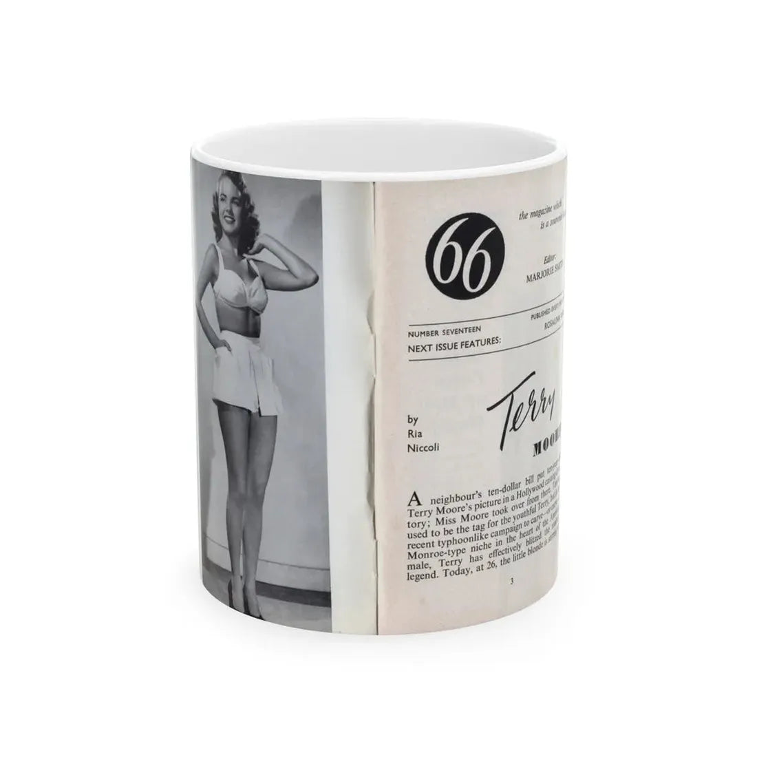 Terry Moore #436 - 66 PHTOTOGRAPHS OF Terry MOORE U.K. Pocket Mag. Inside Front Cover Pages 2 & 3 (Vintage Female Icon) White Coffee Mug 11oz - Go Mug Yourself