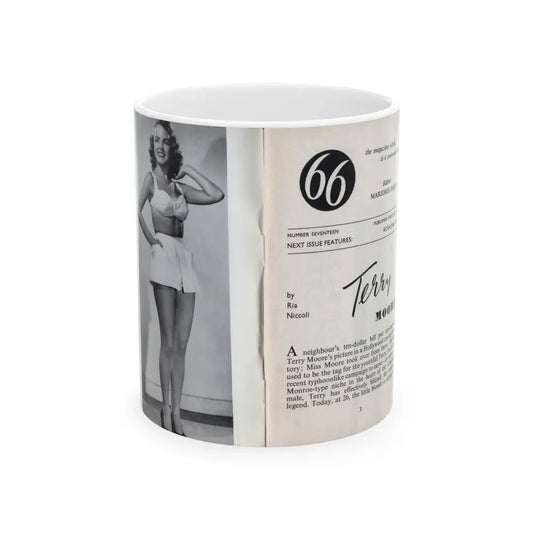 Terry Moore #436 - 66 PHTOTOGRAPHS OF Terry MOORE U.K. Pocket Mag. Inside Front Cover Pages 2 & 3 (Vintage Female Icon) White Coffee Mug 11oz - Go Mug Yourself