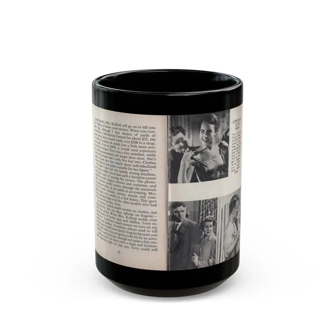 Terry Moore #446 - 66 PHOTOGRAPHS OF Terry MOORE U.K. Pocket Mag. Pages 22 & 23 (Vintage Female Icon) Black Coffee Mug 15oz - Go Mug Yourself