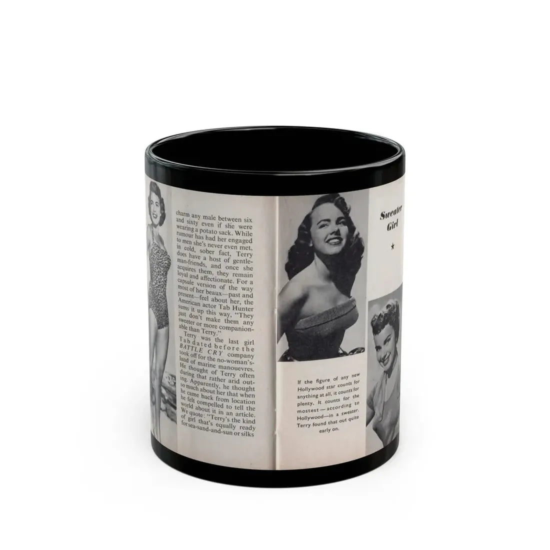 Terry Moore #447 - 66 PHOTOGRAPHS OF Terry MOORE U.K. Pocket Mag. Pages 24 & 25 (Vintage Female Icon) Black Coffee Mug 11oz - Go Mug Yourself