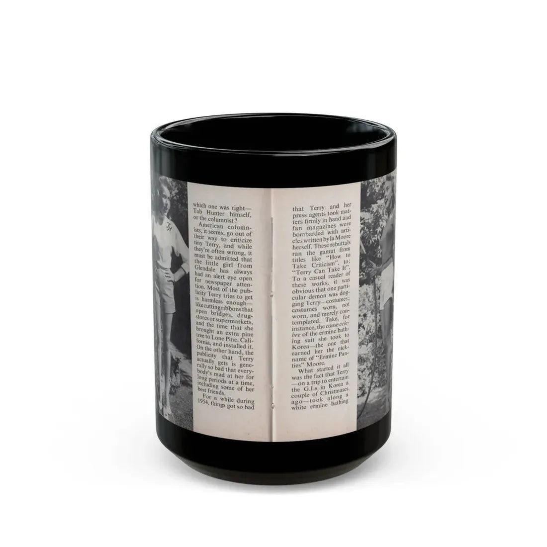 Terry Moore #449 - 66 PHOTOGRAPHS OF Terry MOORE U.K. Pocket Mag. Pages 28 & 29 (Vintage Female Icon) Black Coffee Mug 15oz - Go Mug Yourself