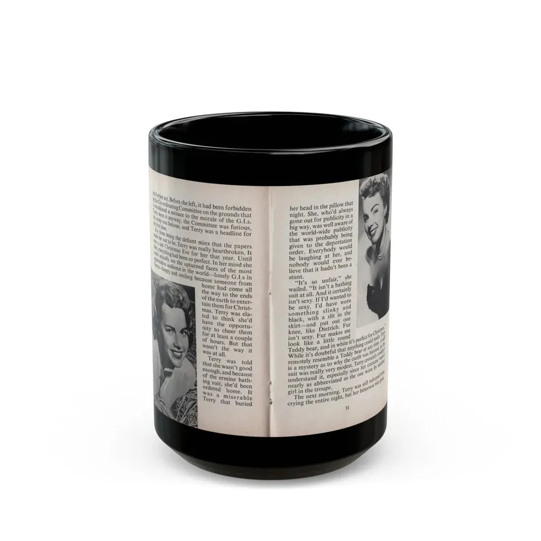 Terry Moore #450 - 66 PHOTOGRAPHS OF Terry MOORE U.K. Pocket Mag. Pages 30 & 31 (Vintage Female Icon) Black Coffee Mug 15oz - Go Mug Yourself