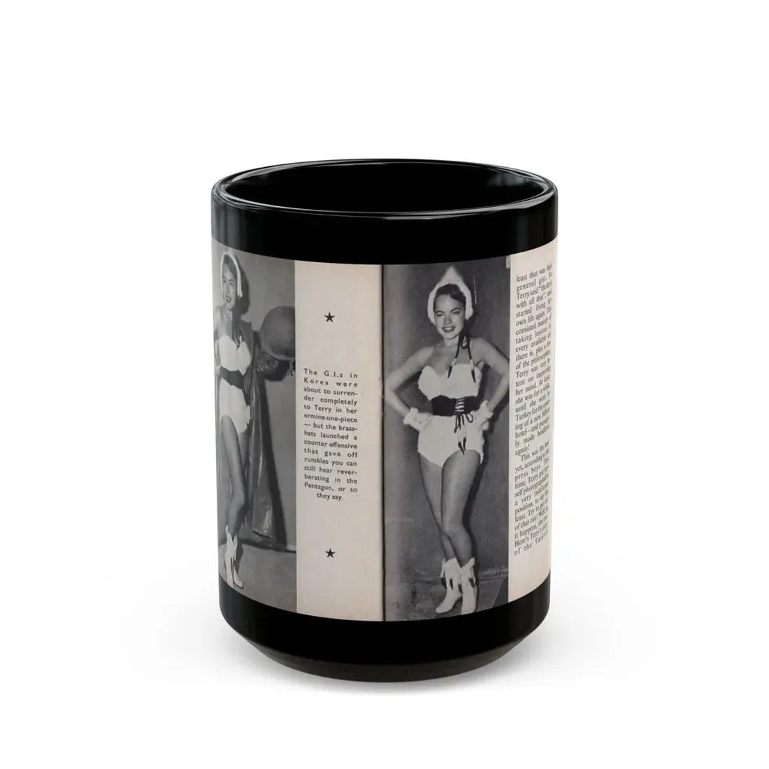 Terry Moore #458 - 66 PHOTOGRAPHS OF Terry MOORE U.K. Pocket Mag. Pages 46 & 47 (Vintage Female Icon) Black Coffee Mug 15oz - Go Mug Yourself