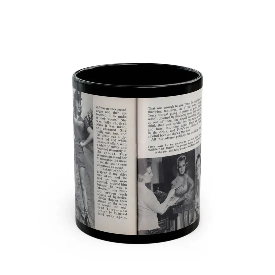 Terry Moore #462 - 66 PHOTOGRAPHS OF Terry MOORE U.K. Pocket Mag. Pages 54 & 55 (Vintage Female Icon) Black Coffee Mug 11oz - Go Mug Yourself