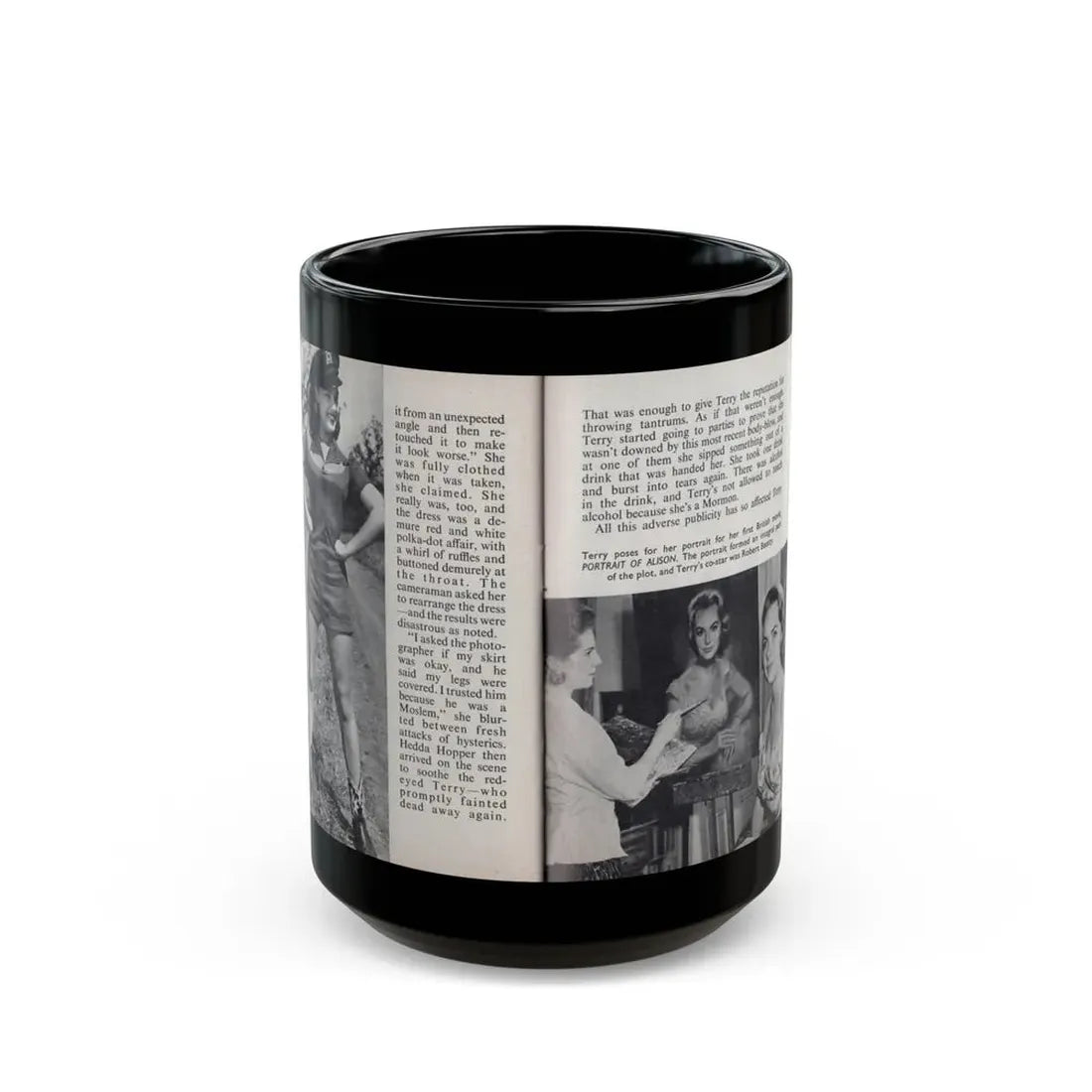 Terry Moore #462 - 66 PHOTOGRAPHS OF Terry MOORE U.K. Pocket Mag. Pages 54 & 55 (Vintage Female Icon) Black Coffee Mug 15oz - Go Mug Yourself