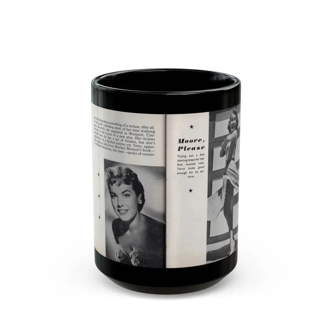 Terry Moore #464 - 66 PHOTOGRAPHS OF Terry MOORE U.K. Pocket Mag. Pages 58 & 59 (Vintage Female Icon) Black Coffee Mug 15oz - Go Mug Yourself