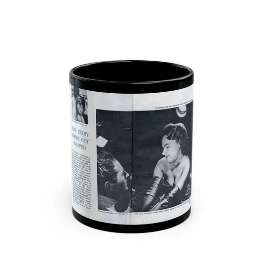 Terry Moore #642 [Pages 144 & 145] Pages 1 & 2 of 6+2 B&W Photos, Headline, Article & Captions from Pageant Digest Mag. July '55 (Vintage Female Icon) Black Coffee Mug 11oz - Go Mug Yourself