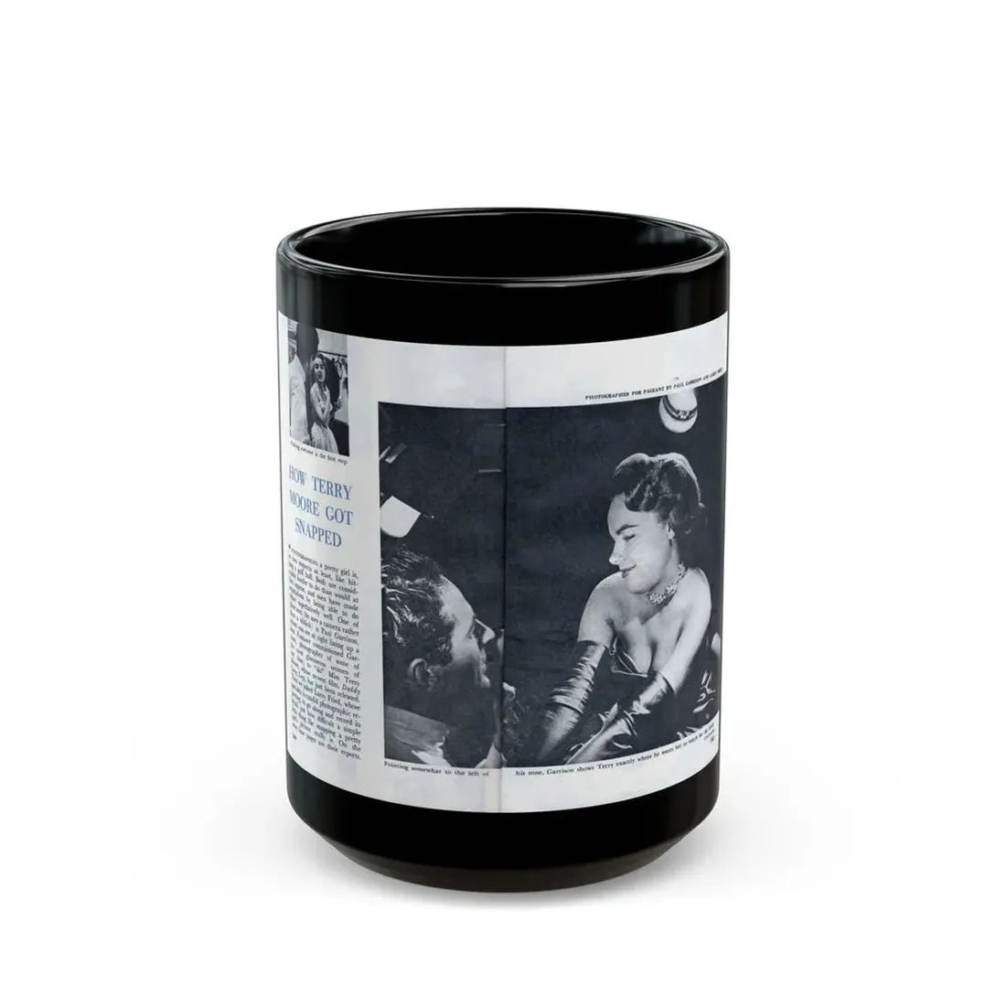 Terry Moore #642 [Pages 144 & 145] Pages 1 & 2 of 6+2 B&W Photos, Headline, Article & Captions from Pageant Digest Mag. July '55 (Vintage Female Icon) Black Coffee Mug 15oz - Go Mug Yourself