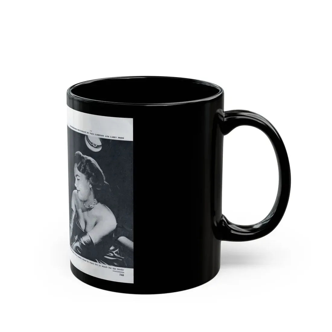 Terry Moore #642 [Pages 144 & 145] Pages 1 & 2 of 6+2 B&W Photos, Headline, Article & Captions from Pageant Digest Mag. July '55 (Vintage Female Icon) Black Coffee Mug - Go Mug Yourself