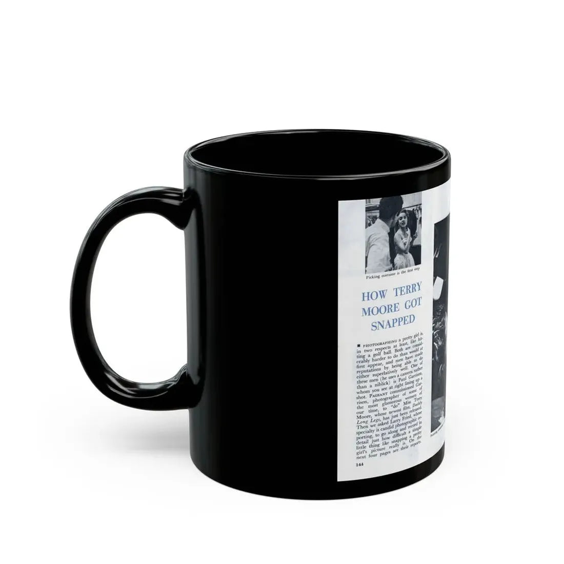 Terry Moore #642 [Pages 144 & 145] Pages 1 & 2 of 6+2 B&W Photos, Headline, Article & Captions from Pageant Digest Mag. July '55 (Vintage Female Icon) Black Coffee Mug - Go Mug Yourself