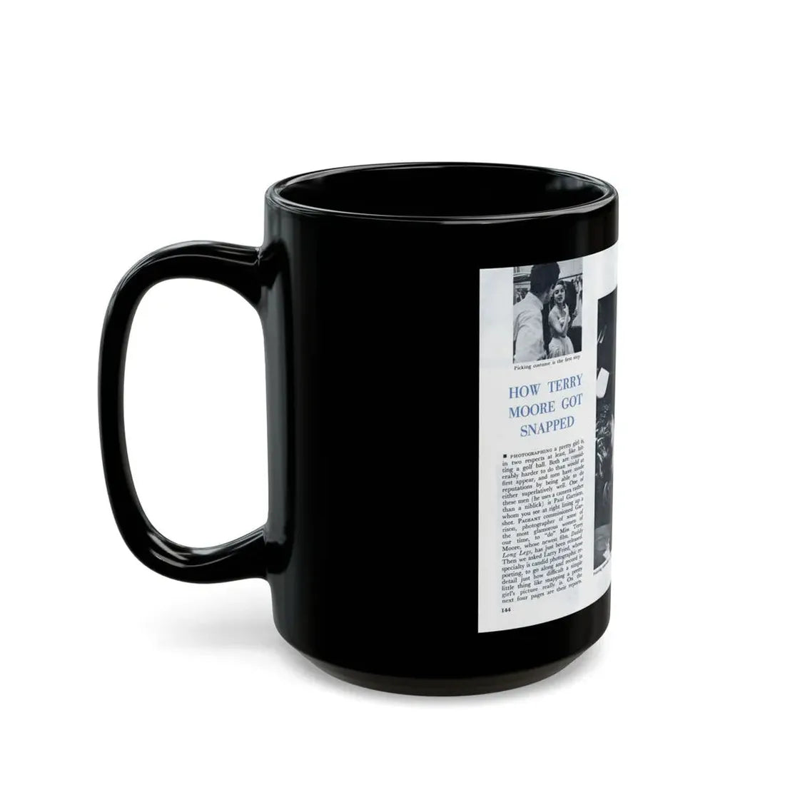 Terry Moore #642 [Pages 144 & 145] Pages 1 & 2 of 6+2 B&W Photos, Headline, Article & Captions from Pageant Digest Mag. July '55 (Vintage Female Icon) Black Coffee Mug - Go Mug Yourself