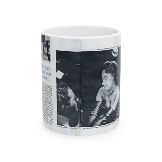 Terry Moore #642 [Pages 144 & 145] Pages 1 & 2 of 6+2 B&W Photos, Headline, Article & Captions from Pageant Digest Mag. July '55 (Vintage Female Icon) White Coffee Mug 11oz - Go Mug Yourself
