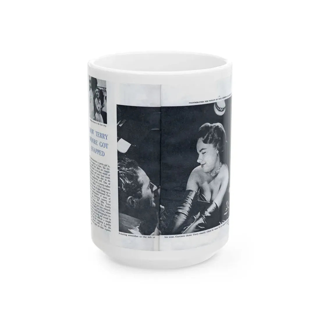 Terry Moore #642 [Pages 144 & 145] Pages 1 & 2 of 6+2 B&W Photos, Headline, Article & Captions from Pageant Digest Mag. July '55 (Vintage Female Icon) White Coffee Mug 15oz - Go Mug Yourself