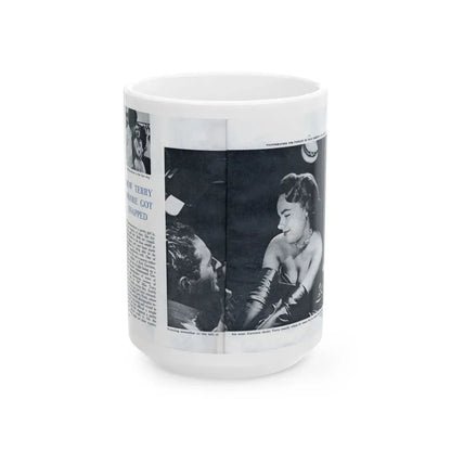 Terry Moore #642 [Pages 144 & 145] Pages 1 & 2 of 6+2 B&W Photos, Headline, Article & Captions from Pageant Digest Mag. July '55 (Vintage Female Icon) White Coffee Mug 15oz - Go Mug Yourself