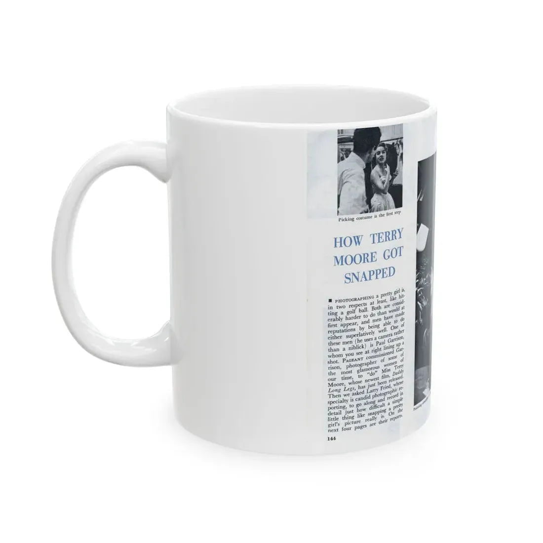 Terry Moore #642 [Pages 144 & 145] Pages 1 & 2 of 6+2 B&W Photos, Headline, Article & Captions from Pageant Digest Mag. July '55 (Vintage Female Icon) White Coffee Mug - Go Mug Yourself