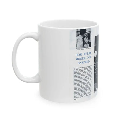 Terry Moore #642 [Pages 144 & 145] Pages 1 & 2 of 6+2 B&W Photos, Headline, Article & Captions from Pageant Digest Mag. July '55 (Vintage Female Icon) White Coffee Mug - Go Mug Yourself