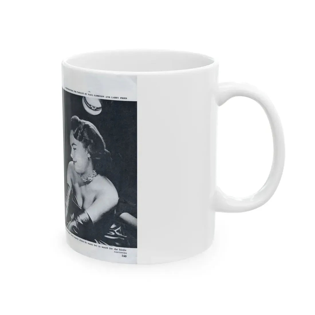 Terry Moore #642 [Pages 144 & 145] Pages 1 & 2 of 6+2 B&W Photos, Headline, Article & Captions from Pageant Digest Mag. July '55 (Vintage Female Icon) White Coffee Mug - Go Mug Yourself
