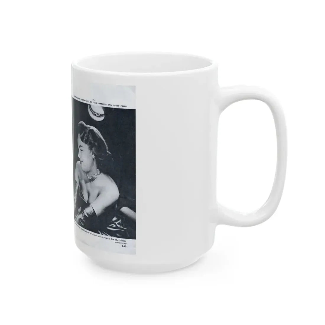 Terry Moore #642 [Pages 144 & 145] Pages 1 & 2 of 6+2 B&W Photos, Headline, Article & Captions from Pageant Digest Mag. July '55 (Vintage Female Icon) White Coffee Mug - Go Mug Yourself