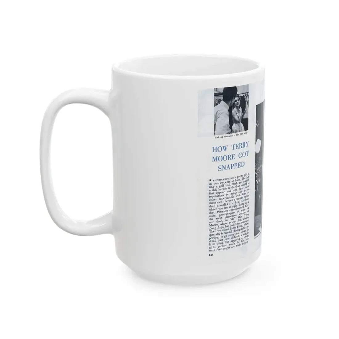 Terry Moore #642 [Pages 144 & 145] Pages 1 & 2 of 6+2 B&W Photos, Headline, Article & Captions from Pageant Digest Mag. July '55 (Vintage Female Icon) White Coffee Mug - Go Mug Yourself