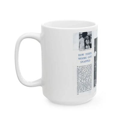 Terry Moore #642 [Pages 144 & 145] Pages 1 & 2 of 6+2 B&W Photos, Headline, Article & Captions from Pageant Digest Mag. July '55 (Vintage Female Icon) White Coffee Mug - Go Mug Yourself