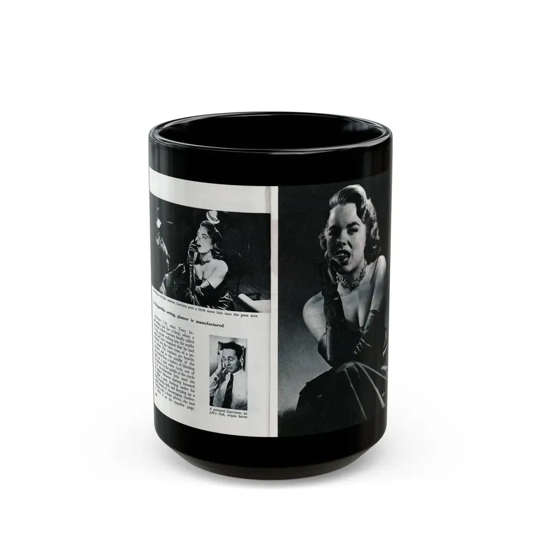 Terry Moore #644 [Pages 148 & 149] Pages 5 & 6 of 6+3 B&W Photos, Brief Paragraph & Captions from Pageant Digest Mag. July '55 (Vintage Female Icon) Black Coffee Mug 15oz - Go Mug Yourself