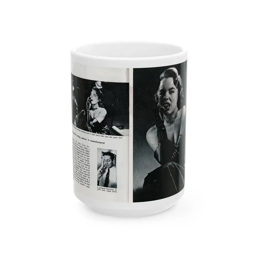 Terry Moore #644 [Pages 148 & 149] Pages 5 & 6 of 6+3 B&W Photos, Brief Paragraph & Captions from Pageant Digest Mag. July '55 (Vintage Female Icon) White Coffee Mug 15oz - Go Mug Yourself