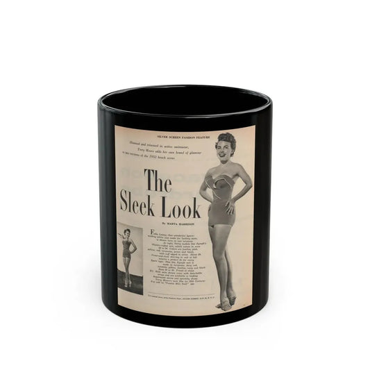 Terry Moore #650 - 8x10.5 Magazine Pin-Up Page with, 1 B&W Small Left Photo & Right large B&W Photo (Vintage Female Icon) Black Coffee Mug 11oz - Go Mug Yourself