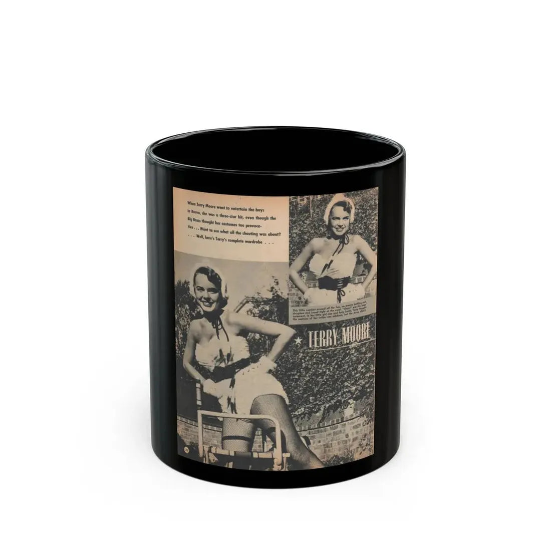 Terry Moore #657 - 8x11 Circa 50's Magazine Page 2 B&W Photos & Captions (Vintage Female Icon) Black Coffee Mug 11oz - Go Mug Yourself