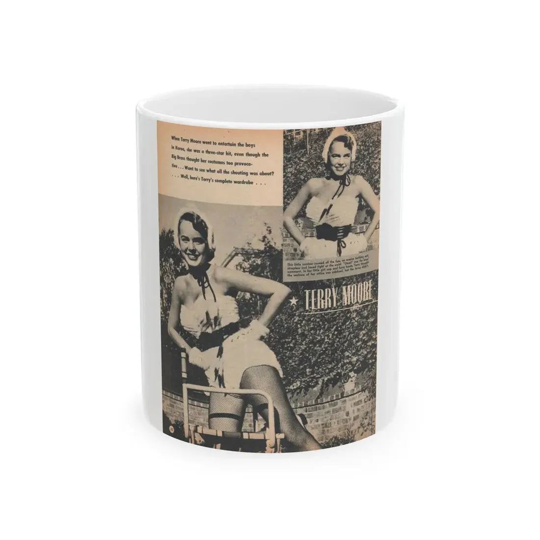 Terry Moore #657 - 8x11 Circa 50's Magazine Page 2 B&W Photos & Captions (Vintage Female Icon) White Coffee Mug 11oz - Go Mug Yourself