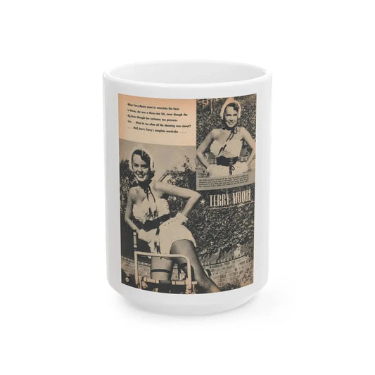 Terry Moore #657 - 8x11 Circa 50's Magazine Page 2 B&W Photos & Captions (Vintage Female Icon) White Coffee Mug 15oz - Go Mug Yourself