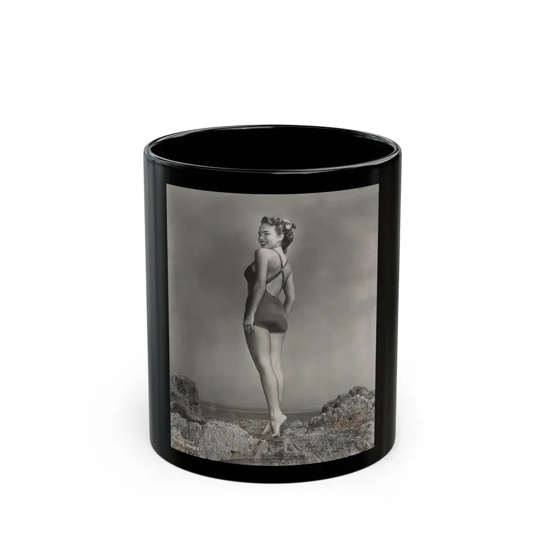 Terry Moore #702 - 1-Piece B&W Full Body Barefoot Swimsuit Cheesecake Vintage Photo from 12-28-53 (Vintage Female Icon) Black Coffee Mug 11oz - Go Mug Yourself