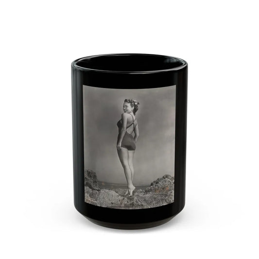 Terry Moore #702 - 1-Piece B&W Full Body Barefoot Swimsuit Cheesecake Vintage Photo from 12-28-53 (Vintage Female Icon) Black Coffee Mug-15oz-Go Mug Yourself