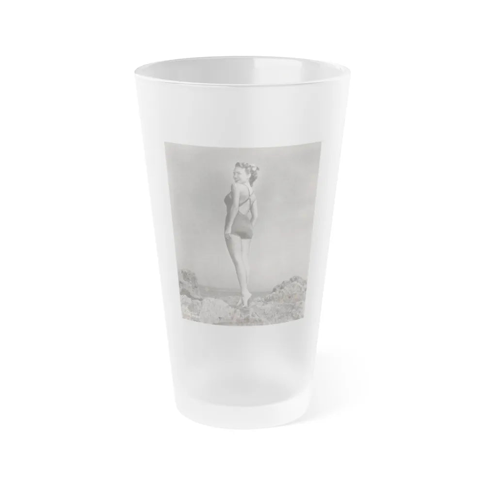 Terry Moore #702 - 1-Piece B&W Full Body Barefoot Swimsuit Cheesecake Vintage Photo from 12-28-53 (Vintage Female Icon) Frosted Pint Glass 16oz-16oz-Frosted-Go Mug Yourself