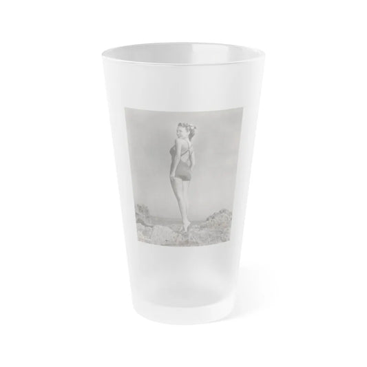 Terry Moore #702 - 1-Piece B&W Full Body Barefoot Swimsuit Cheesecake Vintage Photo from 12-28-53 (Vintage Female Icon) Frosted Pint Glass 16oz-16oz-Frosted-Go Mug Yourself