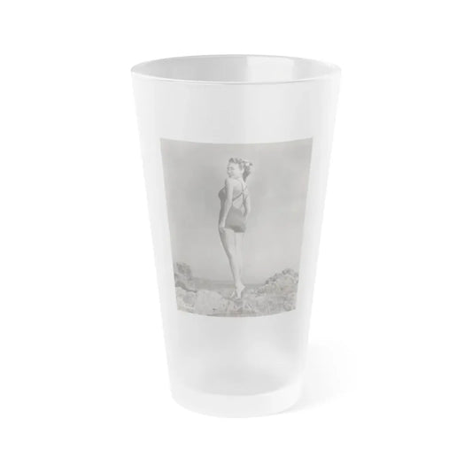 Terry Moore #702 - 1-Piece B&W Full Body Barefoot Swimsuit Cheesecake Vintage Photo from 12-28-53 (Vintage Female Icon) Frosted Pint Glass 16oz 16oz Frosted - Go Mug Yourself