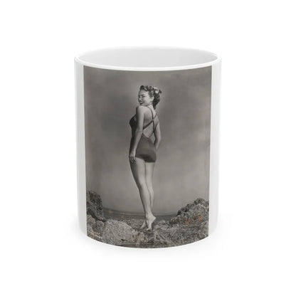 Terry Moore #702 - 1-Piece B&W Full Body Barefoot Swimsuit Cheesecake Vintage Photo from 12-28-53 (Vintage Female Icon) White Coffee Mug-11oz-Go Mug Yourself