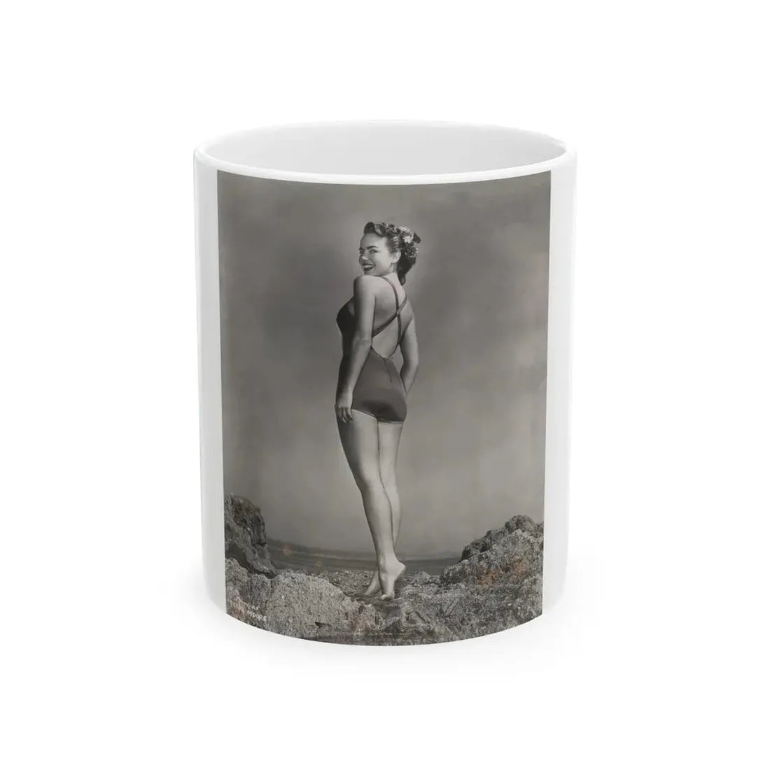 Terry Moore #702 - 1-Piece B&W Full Body Barefoot Swimsuit Cheesecake Vintage Photo from 12-28-53 (Vintage Female Icon) White Coffee Mug 11oz - Go Mug Yourself