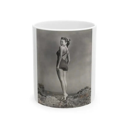 Terry Moore #702 - 1-Piece B&W Full Body Barefoot Swimsuit Cheesecake Vintage Photo from 12-28-53 (Vintage Female Icon) White Coffee Mug 11oz - Go Mug Yourself