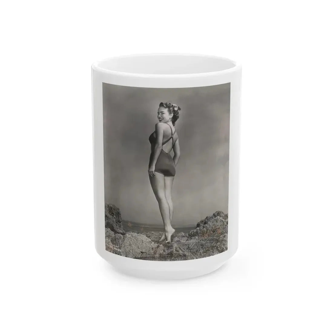 Terry Moore #702 - 1-Piece B&W Full Body Barefoot Swimsuit Cheesecake Vintage Photo from 12-28-53 (Vintage Female Icon) White Coffee Mug 15oz - Go Mug Yourself