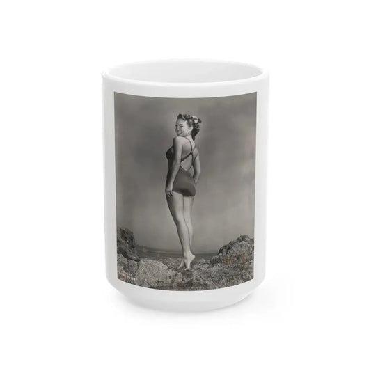 Terry Moore #702 - 1-Piece B&W Full Body Barefoot Swimsuit Cheesecake Vintage Photo from 12-28-53 (Vintage Female Icon) White Coffee Mug 15oz - Go Mug Yourself
