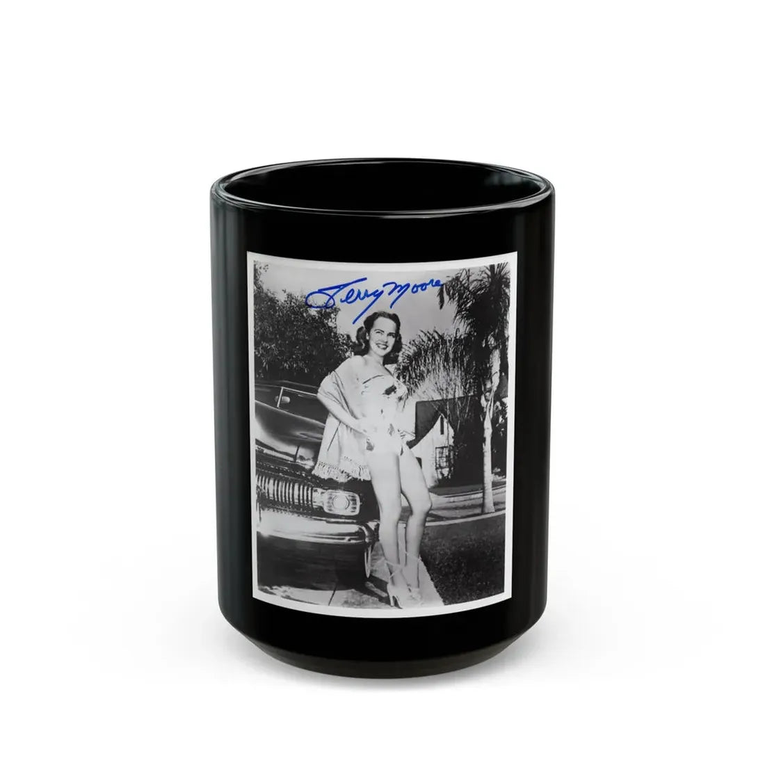 Terry Moore #703 - 8x10 1-Piece Swimsuit B&W Cheesecake Vintage Pin-Up Photo from Early 50's Autographed (Vintage Female Icon) Black Coffee Mug 15oz - Go Mug Yourself