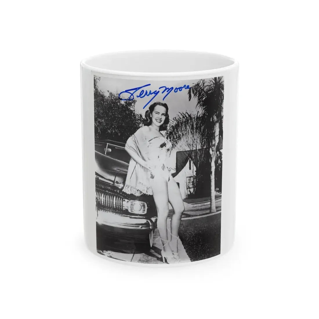 Terry Moore #703 - 8x10 1-Piece Swimsuit B&W Cheesecake Vintage Pin-Up Photo from Early 50's Autographed (Vintage Female Icon) White Coffee Mug 11oz - Go Mug Yourself