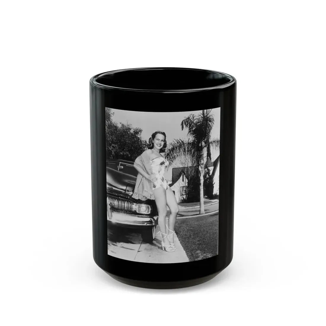 Terry Moore #703 - 8x10 1-Piece Swimsuit B&W Cheesecake Vintage Pin-Up Photo from Early 50's (Vintage Female Icon) Black Coffee Mug 15oz - Go Mug Yourself