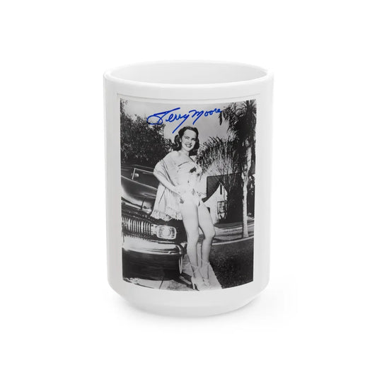 Terry Moore #703 - 8x10 1-Piece Swimsuit B&W Cheesecake Vintage Pin-Up Photo from Early 50's Autographed (Vintage Female Icon) White Coffee Mug-15oz-Go Mug Yourself
