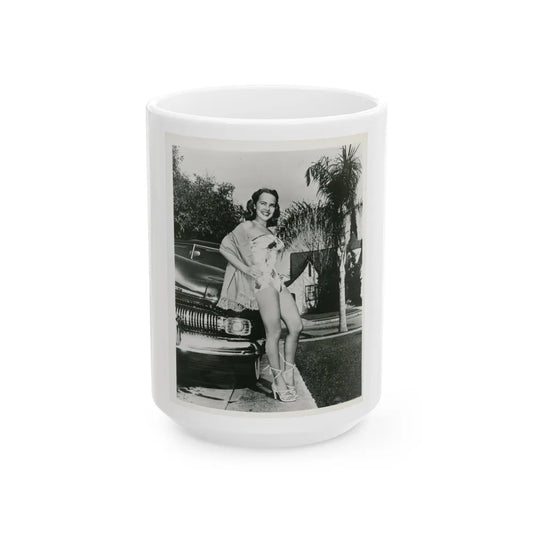 Terry Moore #703 - 8x10 1-Piece Swimsuit B&W Cheesecake Vintage Pin-Up Photo (Vintage Female Icon) White Coffee Mug-15oz-Go Mug Yourself