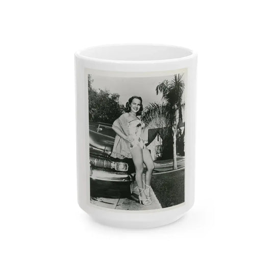 Terry Moore #703 - 8x10 1-Piece Swimsuit B&W Cheesecake Vintage Pin-Up Photo (Vintage Female Icon) White Coffee Mug 15oz - Go Mug Yourself
