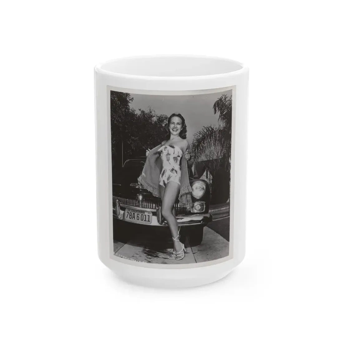Terry Moore #704 - 8x10 1-Piece Swimsuit B&W Cheesecake Vintage Pin-Up Photo from Early 50's (Vintage Female Icon) White Coffee Mug 15oz - Go Mug Yourself