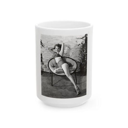 Terry Moore #710 - Vintage 1953 2-Piece B&W Full Body Swimsuit Cheesecake Photo (Vintage Female Icon) White Coffee Mug-15oz-Go Mug Yourself
